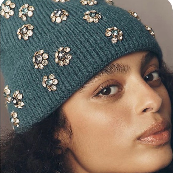 Anthropologie Embellished Cristal Knit Beanie Teal - Picture 5 of 7